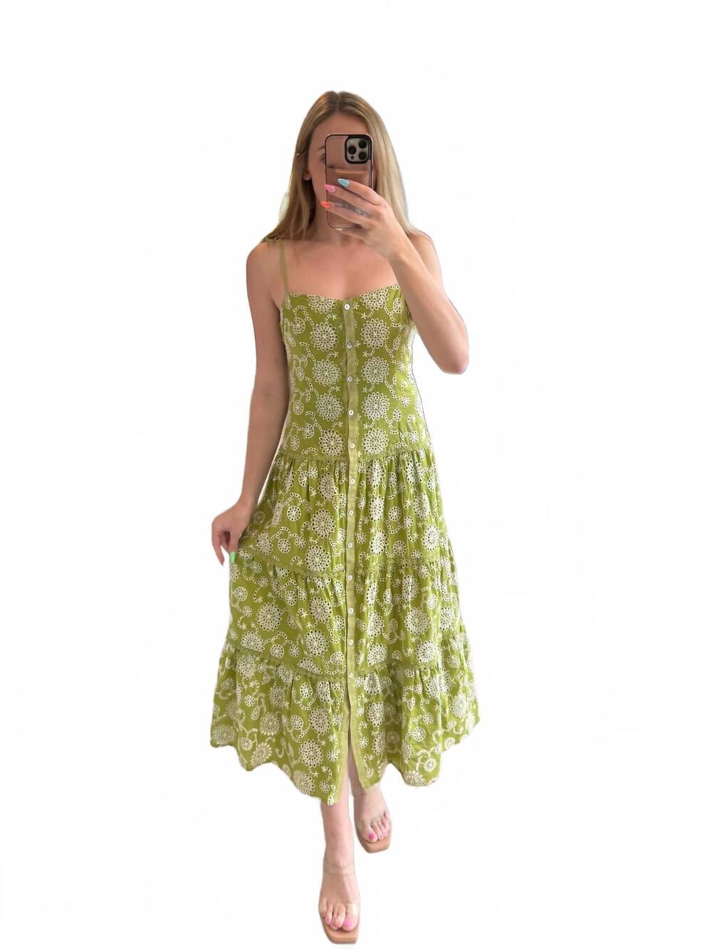 NEW B.RIGHT floral embroidered tiered midi dress in green multi
